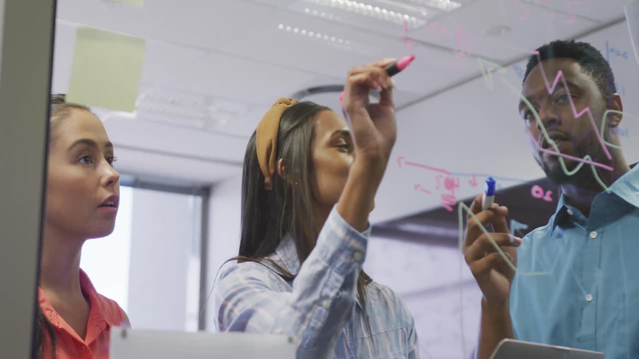 diversos colegas de negocios masculinos y femeninos tomando notas en la pared de vidrio y hablando en la oficina