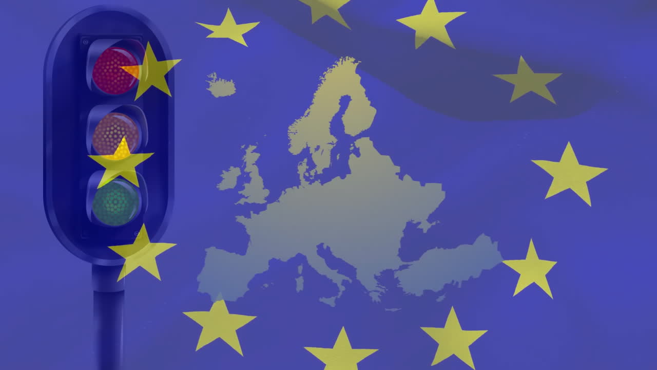 Semaforo con segnale rosso su animazione della bandiera dell'Unione Europea