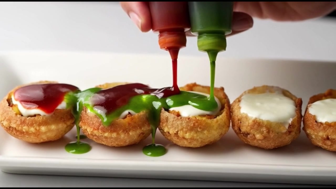 Tilføjelse af chutney til indisk street food Pani Puri