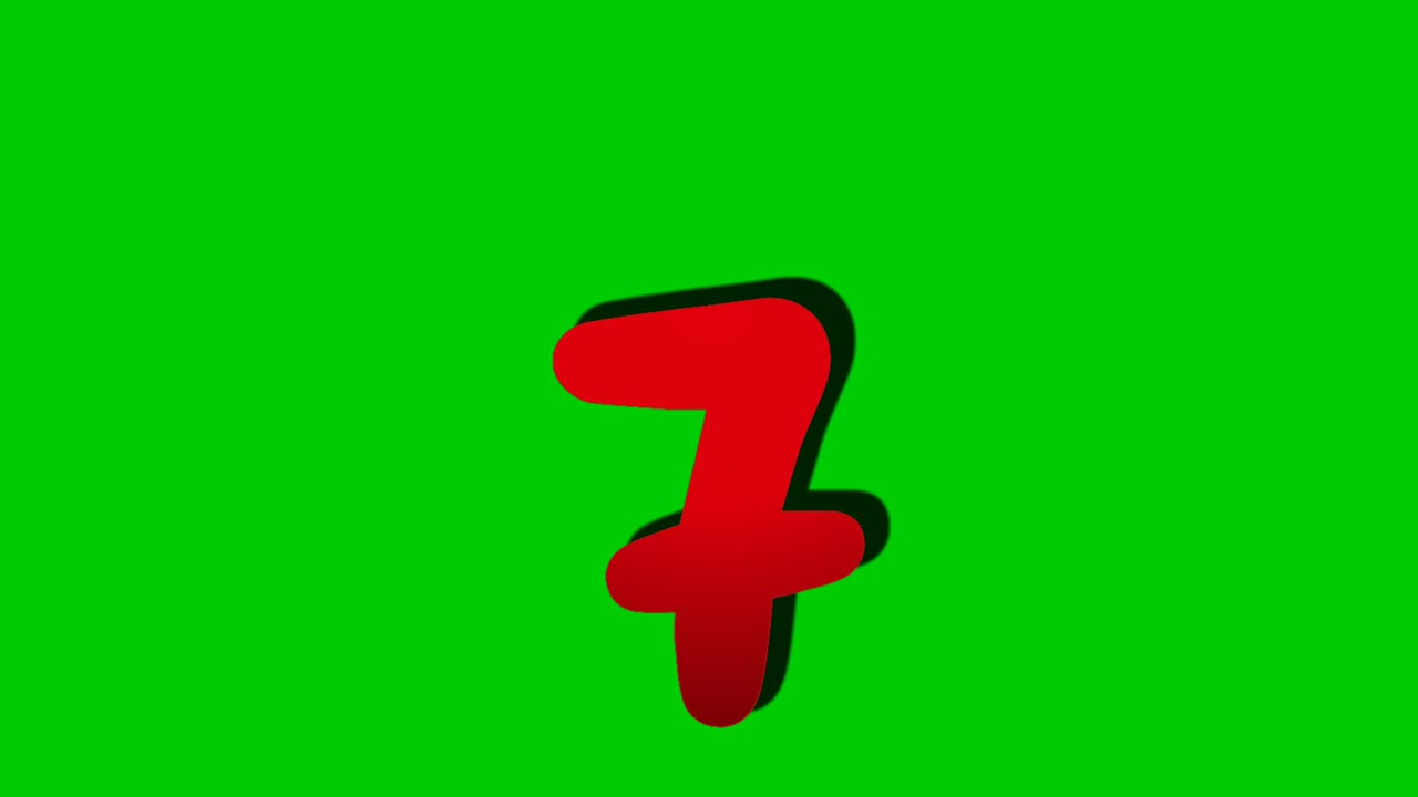 número 7 símbolo de señal animación gráficos de movimiento en fondo de pantalla verde, número de dibujos animados para abajo número de video para elementos de video