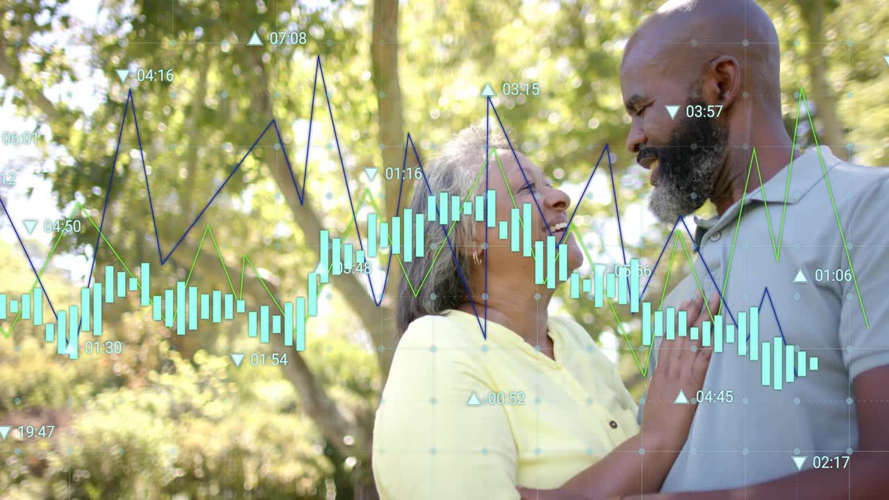 Senior woman placing hand on man's chest leaning in lovingly, finance charts sweeping over couple