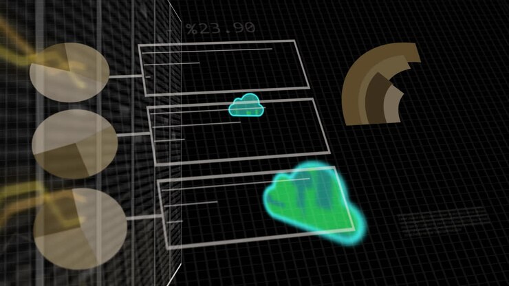 Animation of data processing and clouds over dark background