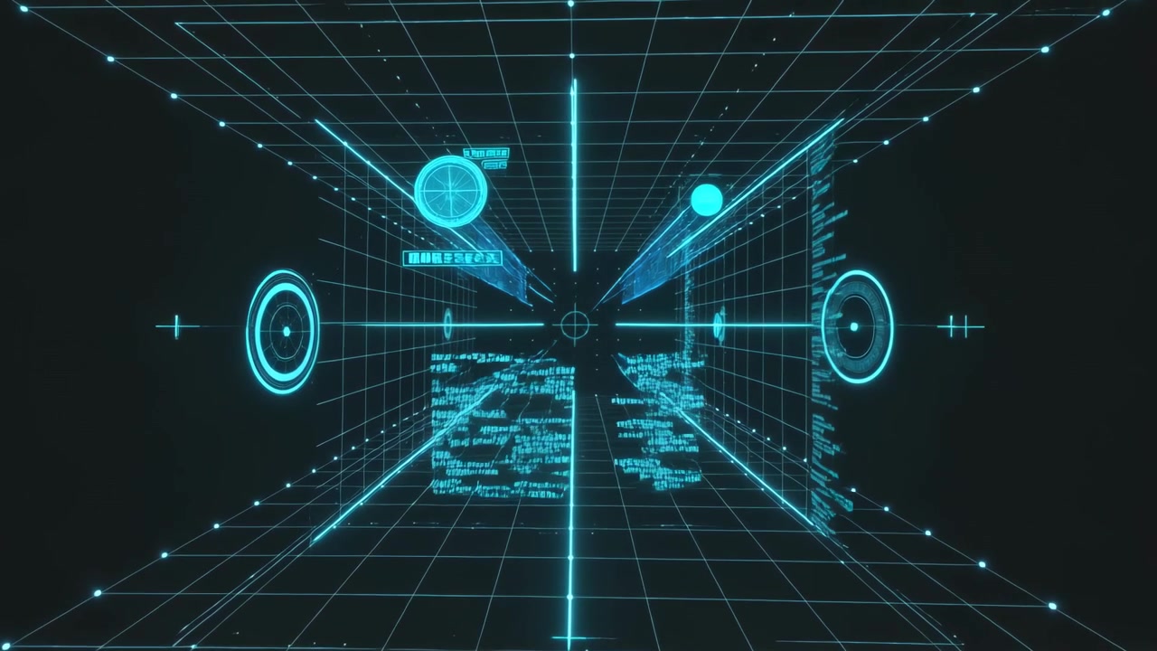 Initializing holographic HUD scaling forward in dark void, highlighting crosshair and code panels