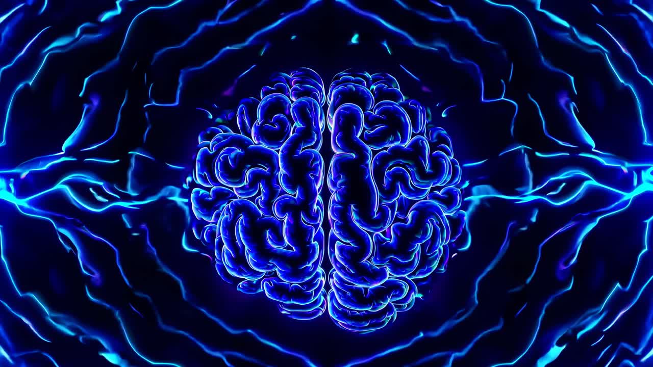 A top-down video view of a glowing, neon blue brain illustration, highlighting neural pathways