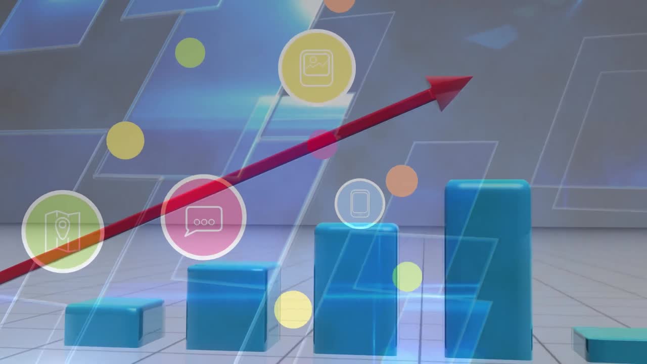 animación de iconos digitales sobre las estadísticas con flecha roja y pantallas azules en el fondo