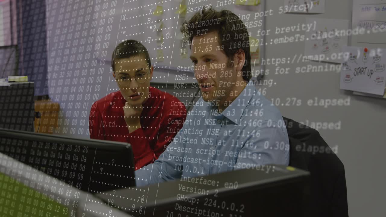 Analyst pointing while engineer typing, command overlay appearing, growing, driving log analysis