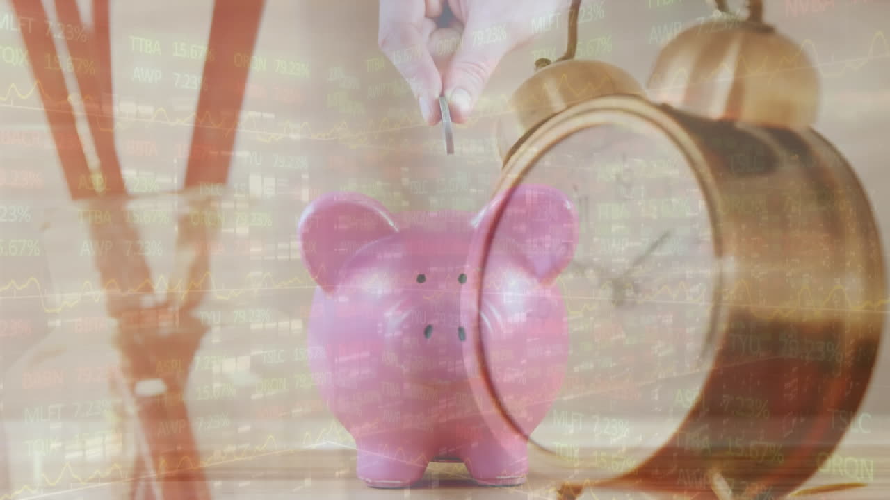 Animation of alarm clock and paintbrushes over hand of caucasian woman inserting coin in piggybank