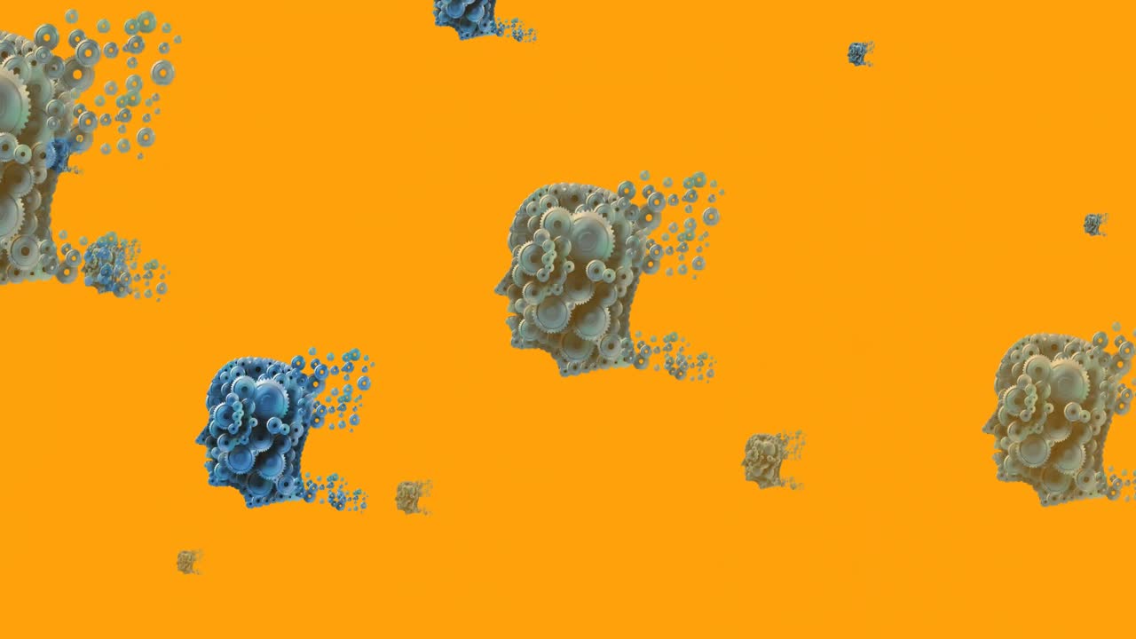 Animazione di teste umane formate da ingranaggi in movimento su sfondo arancione.