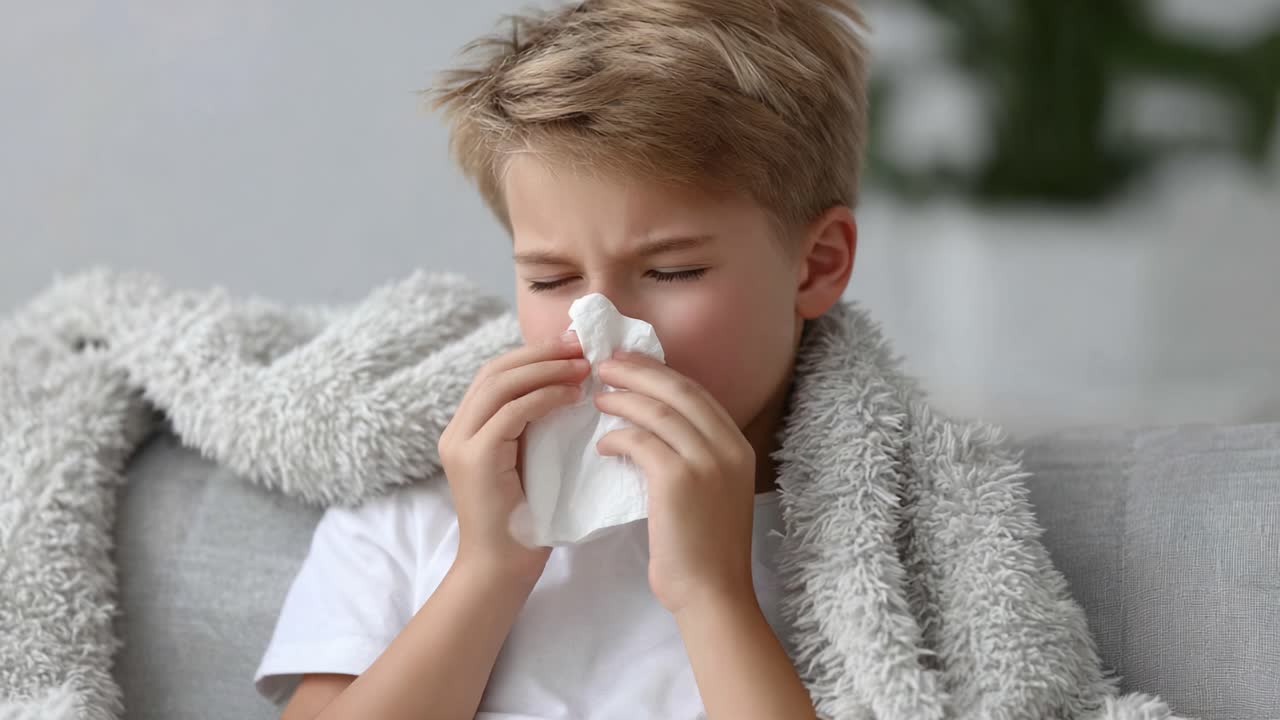 A Young Boy Struggling with Cold Symptoms: Emotional Moments Captured in Two Frames as He Faces Illness with a Tissue in Hand