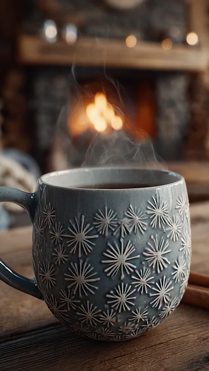 Una tazza fumante di bevanda calda accanto al tepore del caminetto: cogli l'essenza di comfort e relax in un ambiente sereno con il vapore che si alza elegantemente.