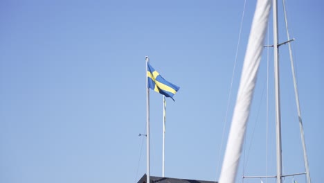 swedish flag waving under a clear blue sky, showcasing a calm and peaceful atmosphere