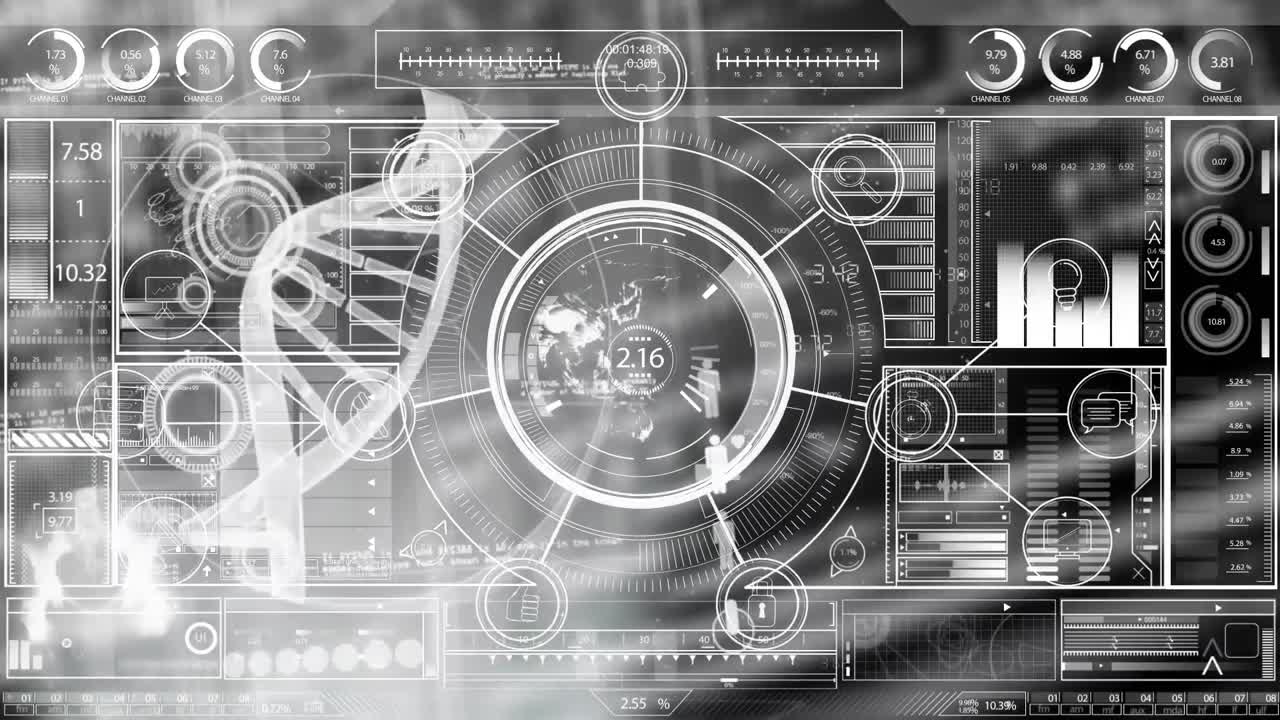 검은색 배경에 dna 줄에 대한 연결 네트워크 및 데이터 처리의 애니메이션