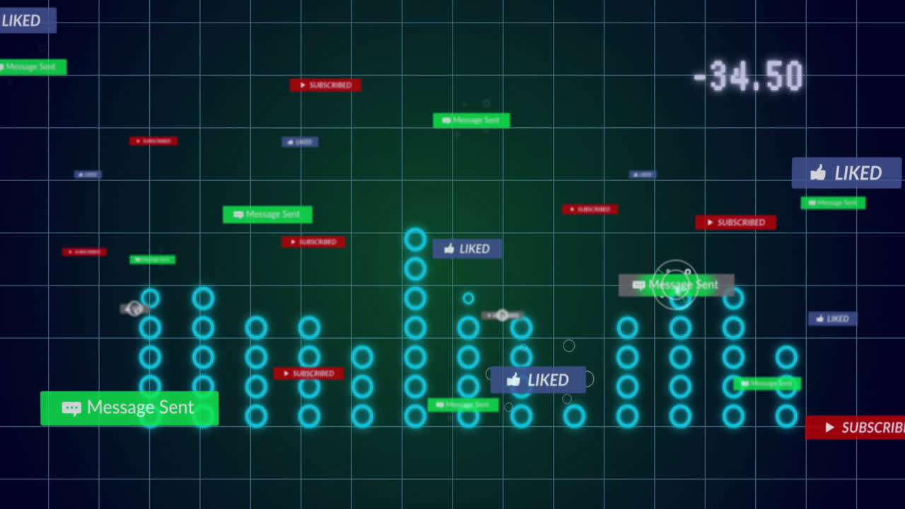 Neon blue bar chart columns being visualized on dark grid, floating social status labels and icons