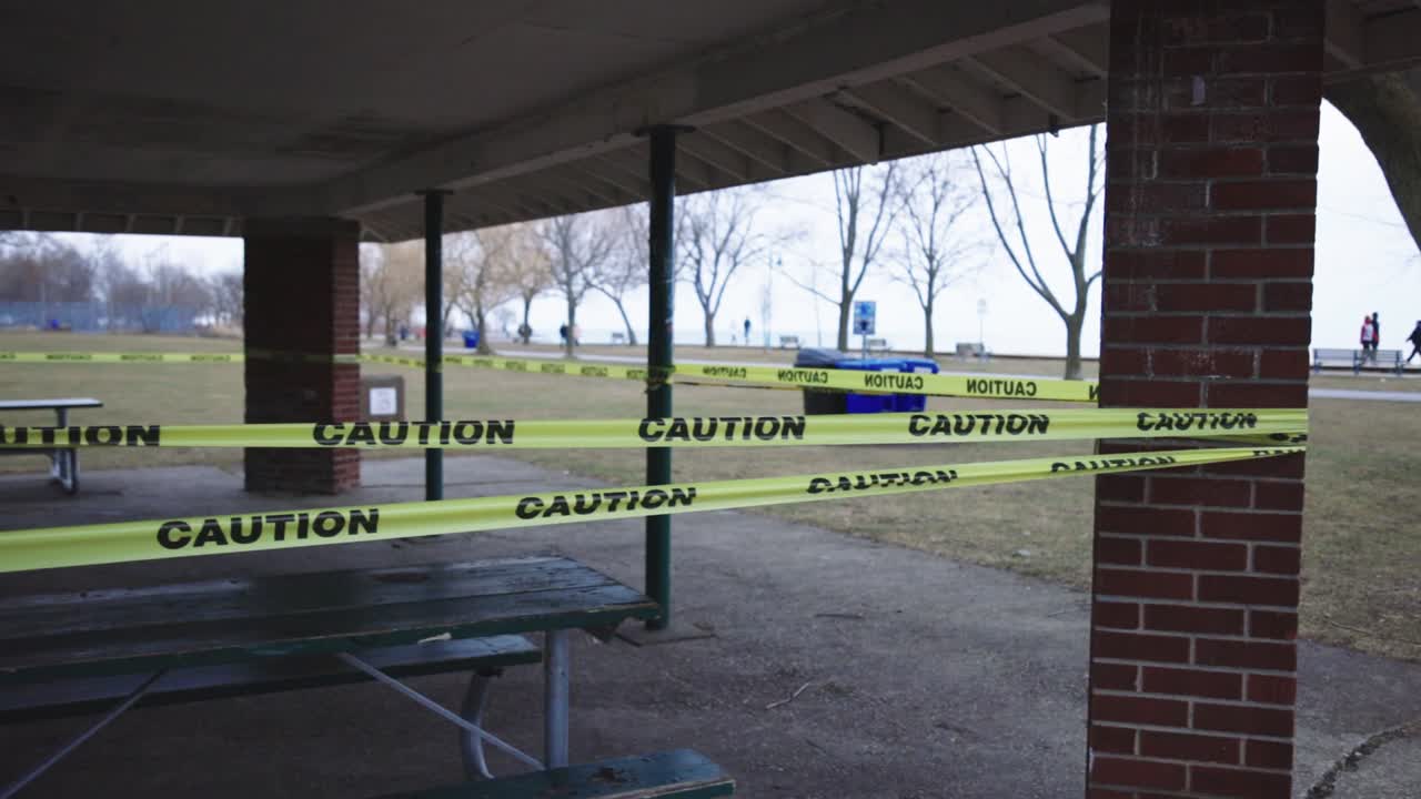 A Closed Picnic Area In A Public Park Cordoned Off With Yellow Caution Tape During Quarantine Period Due To Coronavirus Outbreak - Panning Shot