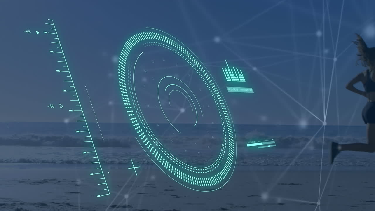 해변에서 달리는 백인 여성에 대한 범위 스캔과 데이터 처리의 애니메이션