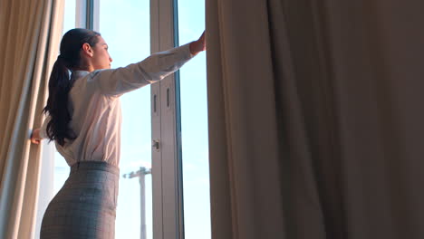 Curtain,-bedroom-and-woman-wake-up-in-the-morning