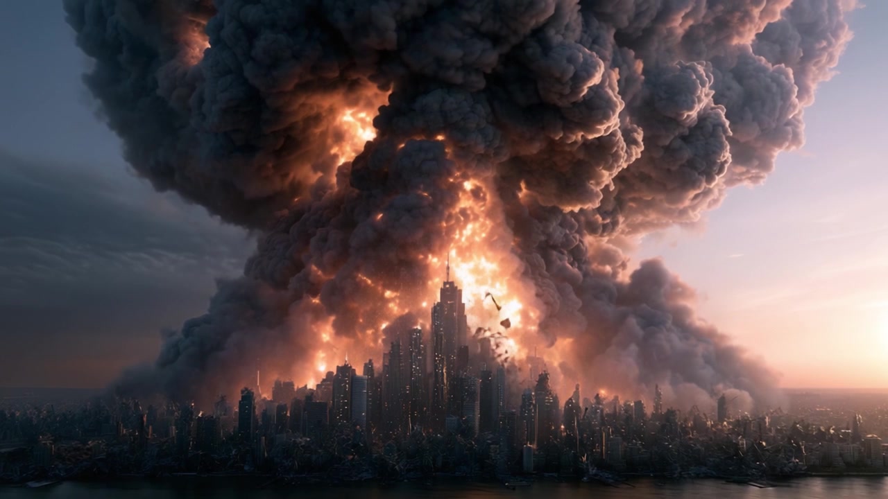 Una caotica esplosione erutta su una città, sprigionando detriti infuocati e vaste nubi di fumo, trasformando il paesaggio urbano in una scena di distruzione e tumulto.