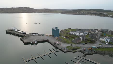 Panorama-Of-Port-Ellen's-Docking-Aerial-View-Surrounding-Landscapes,-Isle-of-Islay,-Scotland