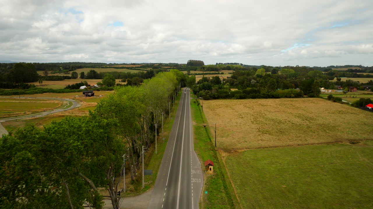 Country road lined with trees, rural landscape with fields and farms under cloudy sky, Puerto Varas, Chile. Aerial forward