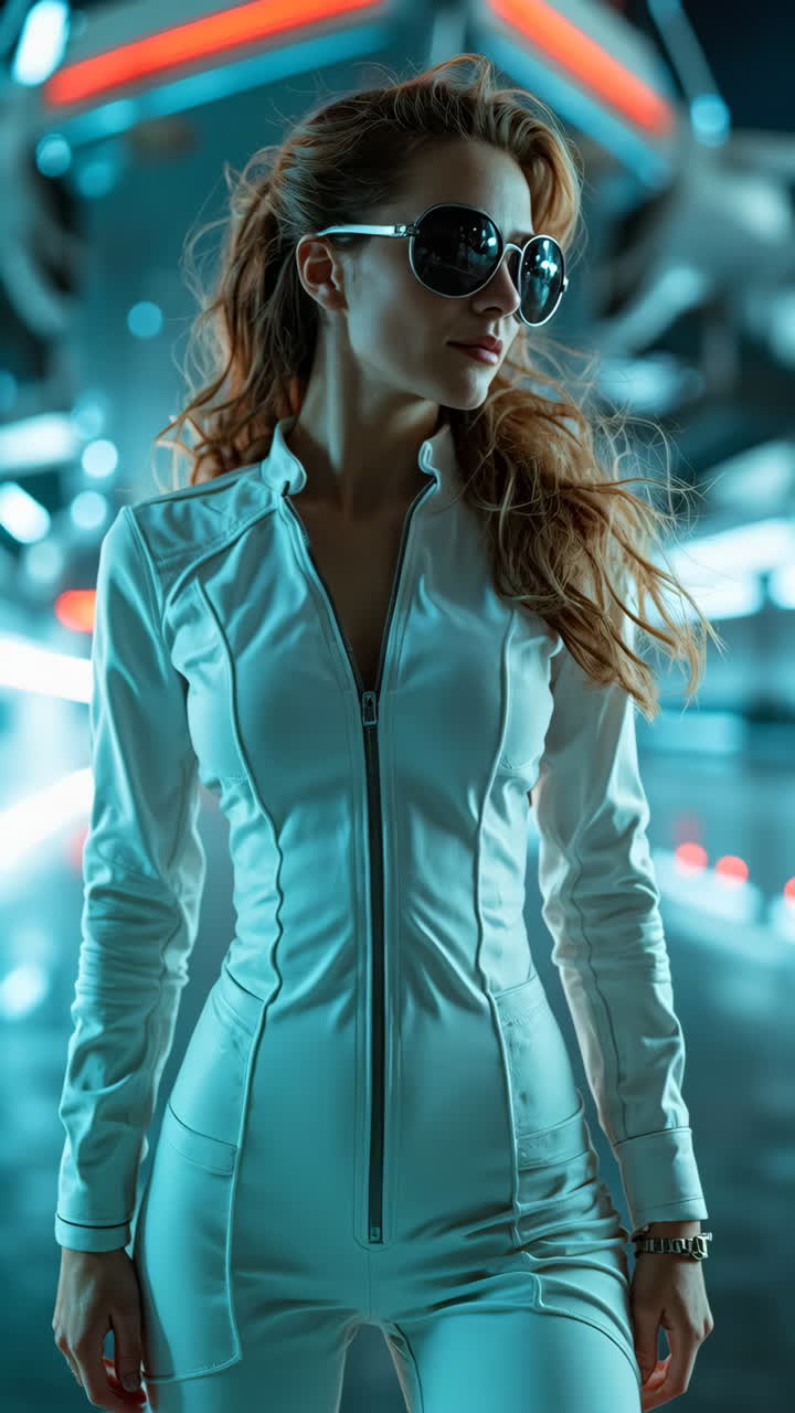 Futuristic Woman in White Jumpsuit Amidst Neon Lights
