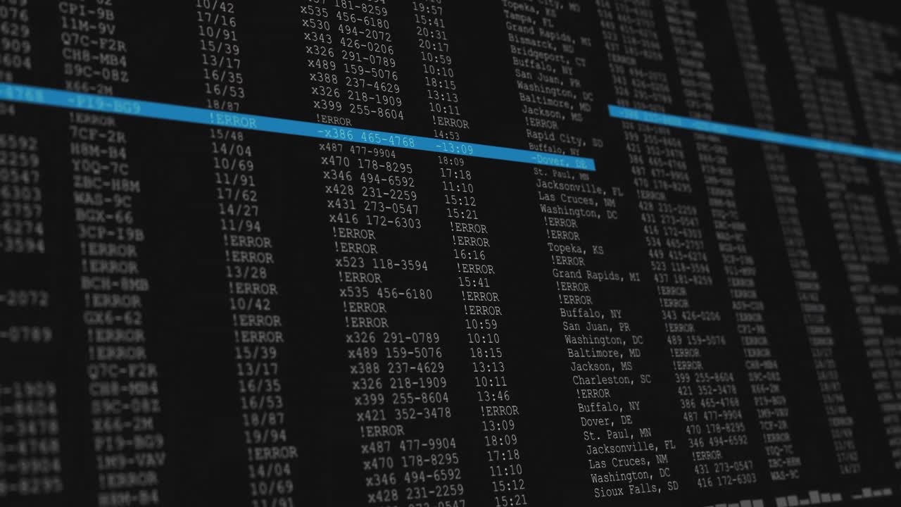 Animation of data processing on black and blue computer screen