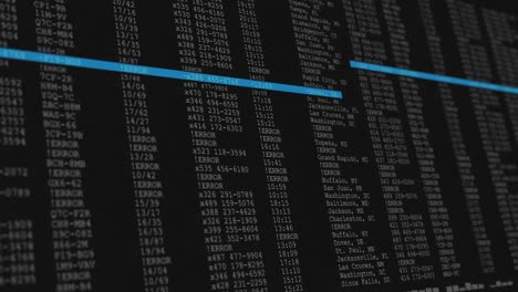 animación del procesamiento de datos en una pantalla de computadora negra y azul