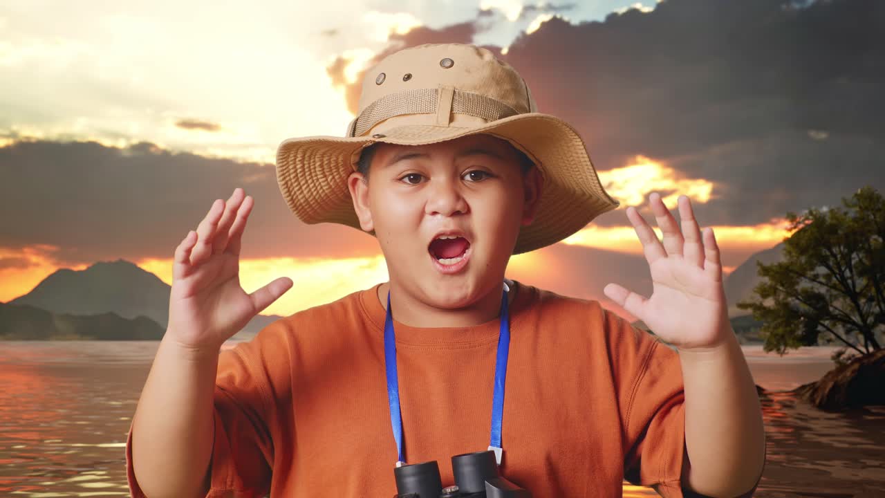 Excited Boy with Binoculars at Sunset