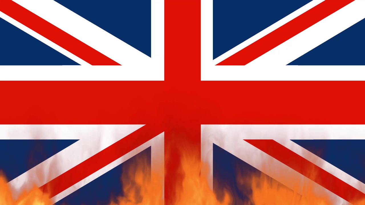 Sovrapposizione animata della bandiera britannica con fiamme di fuoco arancioni realistiche che tremolano lungo il bordo inferiore