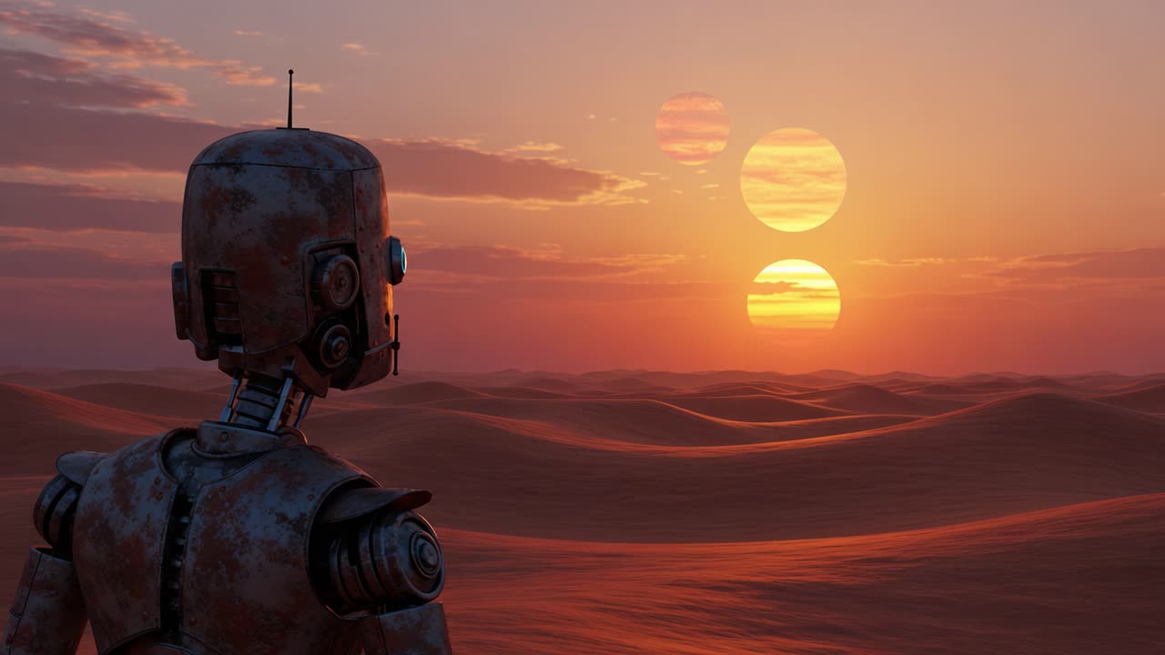 En rusten robot betragter fjerne sole i et vidtstrakt ørkenlandskab ved solnedgang og indfanger essensen af ensomhed og udforskning i en futuristisk verden