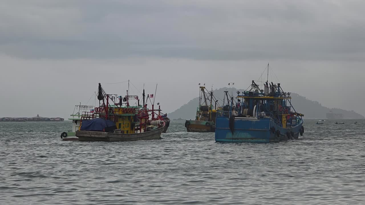 Fishing Trawler Boats In The Kota Kinabalu Coast In Sabah, Malaysia. - wide shot