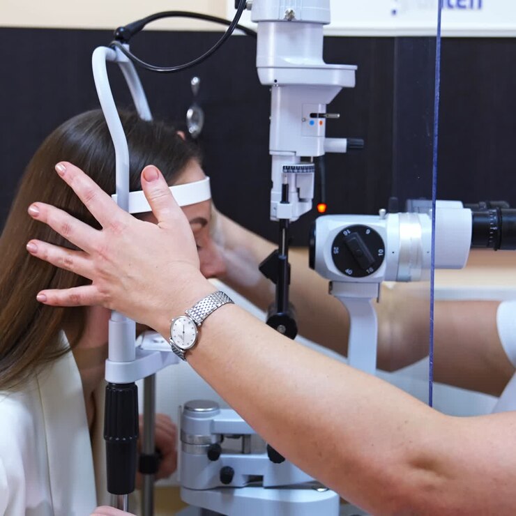 Young long-haired girl at ophthalmologist's check up. Patient places her chin on the apparatus and doctor corrects her position