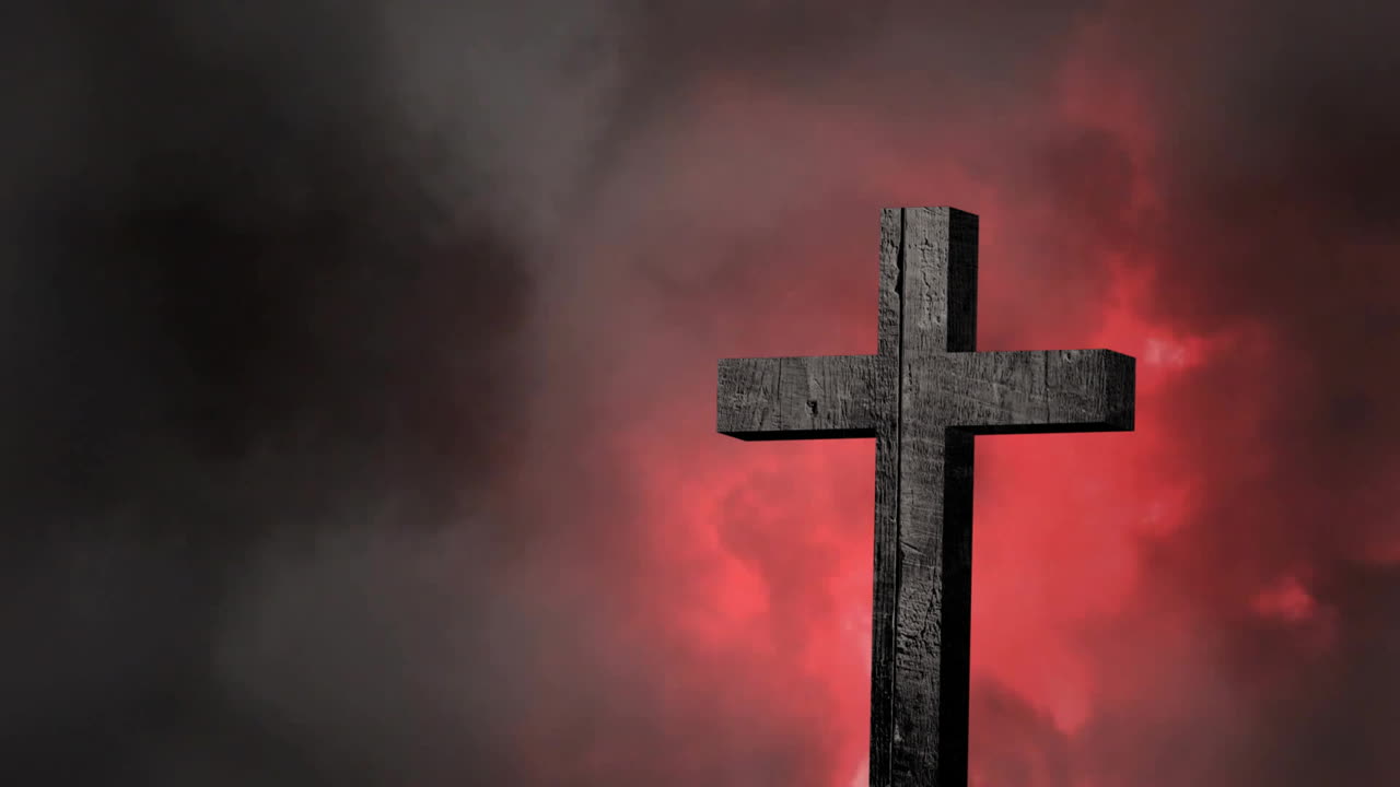 Dark wooden cross standing against ominous cloudy sky in dramatic animation
