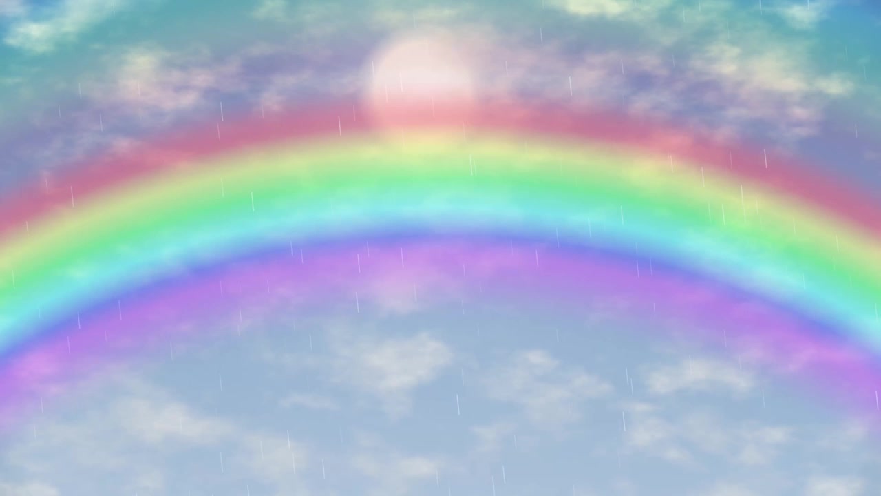 Vibrant rainbow animation featuring falling rain, moving clouds, and a sweeping sun lens flare.