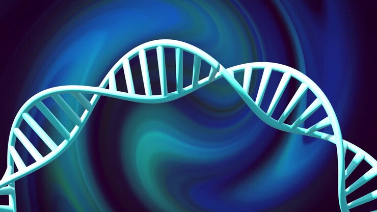 Animation of dna strand spinning with glowing light trails over dark background