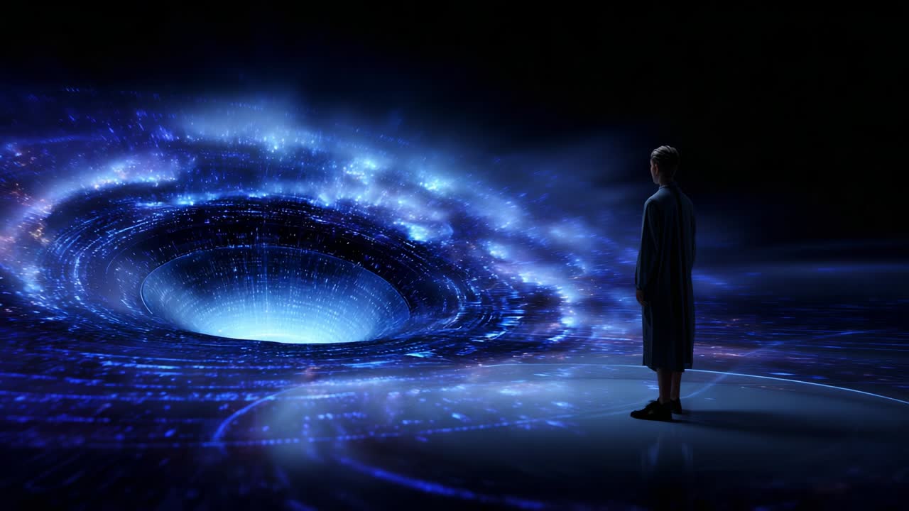 A solitary figure stands at the edge of a mesmerizing cosmic vortex, contemplating the mysteries of the universe. This digital artwork captures the essence of exploration, wonder, and the unknown, urging minds to ponder what lies beyond