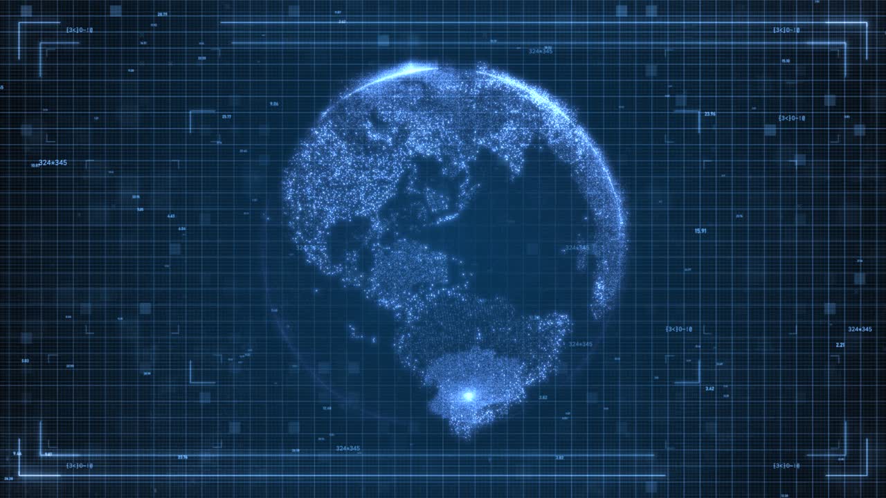 Rotating Planet Earth in a Digital Frame Over a Futuristic Hi-Tech Grid and Numbers Background
