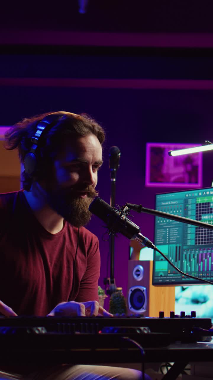 Uomo barbuto che canta e suona la tastiera in uno studio musicale domestico