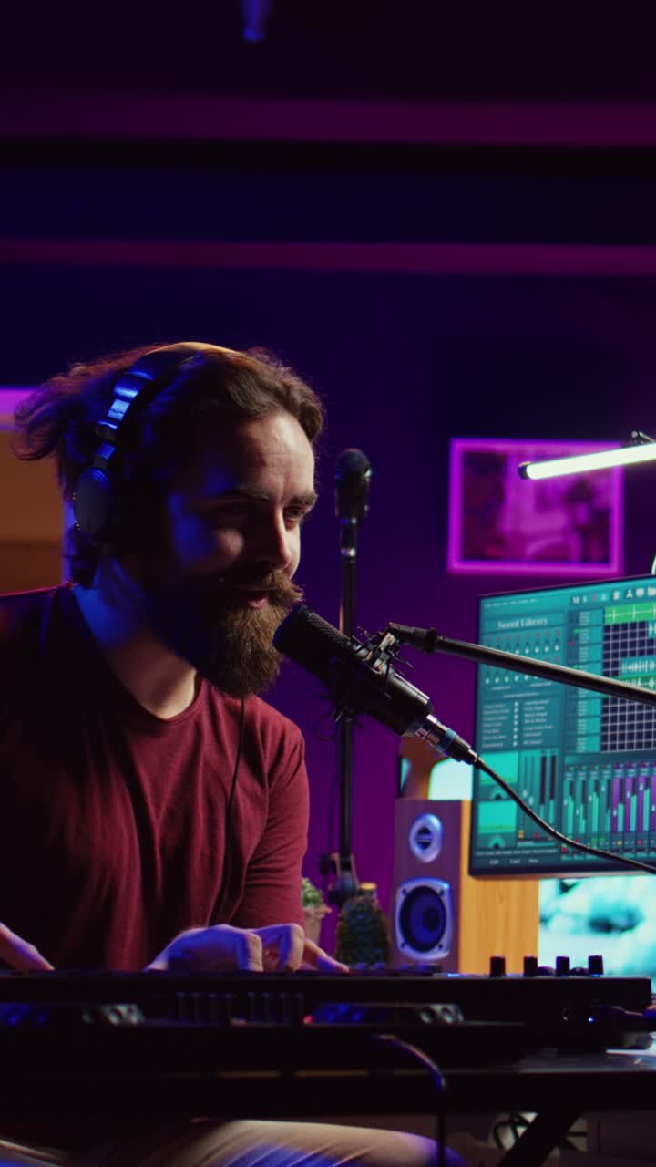 Uomo barbuto che canta e suona la tastiera in uno studio musicale domestico