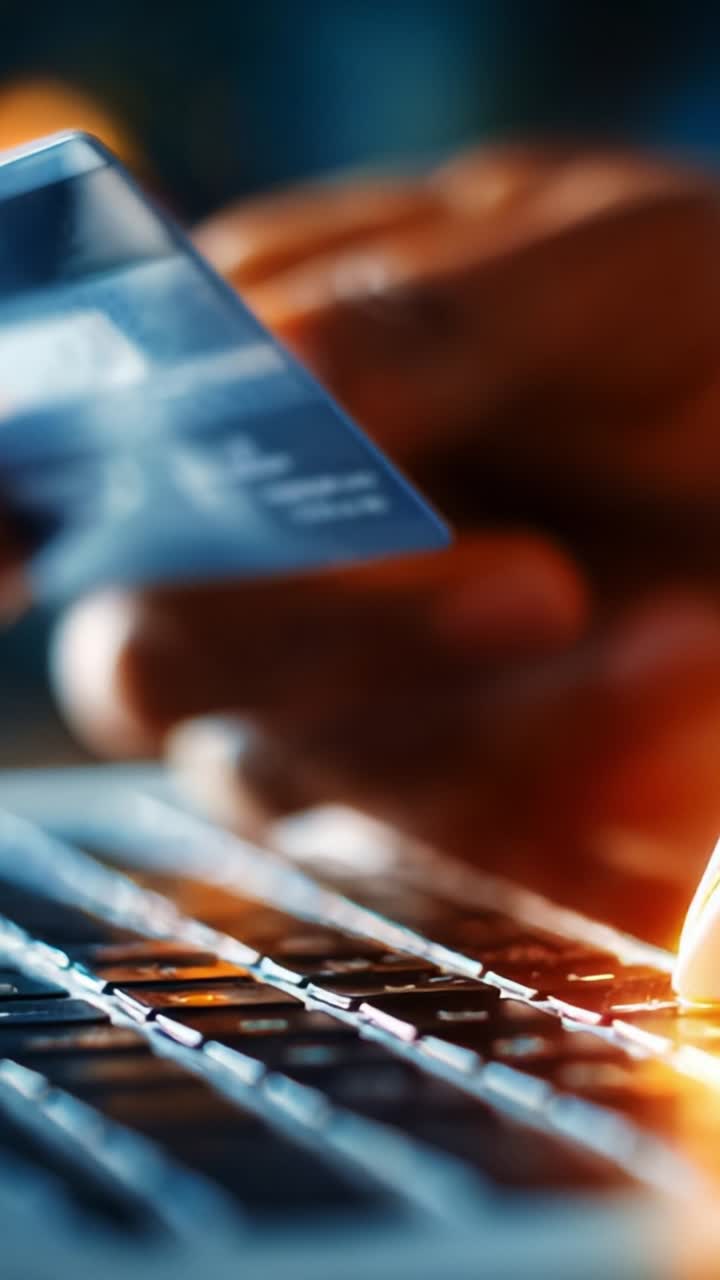 Engaging in Online Transactions: The Process of Using a Credit Card for Digital Payments on a Laptop's Keyboard Under Soft Ambient Light
