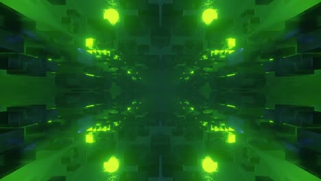 volar a través del ciberespacio de tecnología simétrica con brillo de neón. vuelo de ciencia ficción a través del túnel de tecnología de alta tecnología. luz de neón 3d en bucle 4k bg. construcciones de ciencia ficción, objetos 3d misteriosos