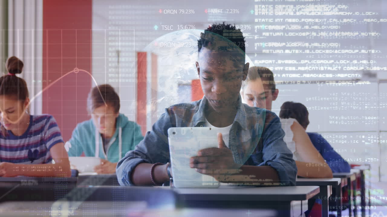 Stock market data processing over a globe against african american boy using digital tablet in class