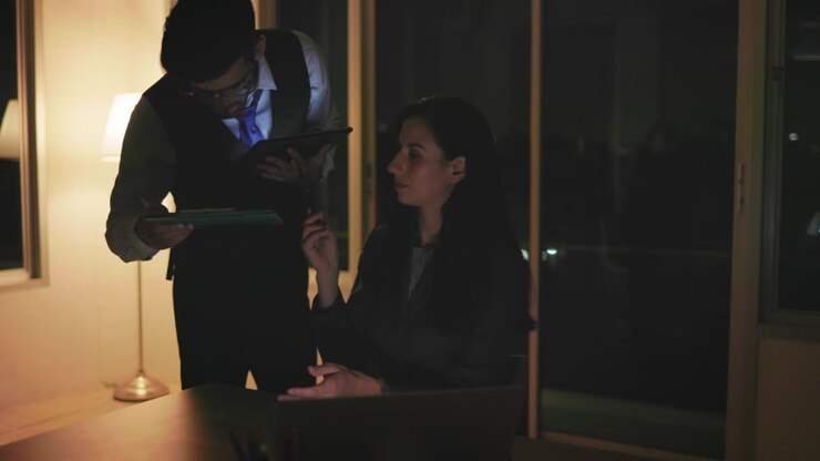 A beautiful caucasian secretary working in the office diligently at night offers documents to a handsome young executive to sign for approval. Success and teamwork concept