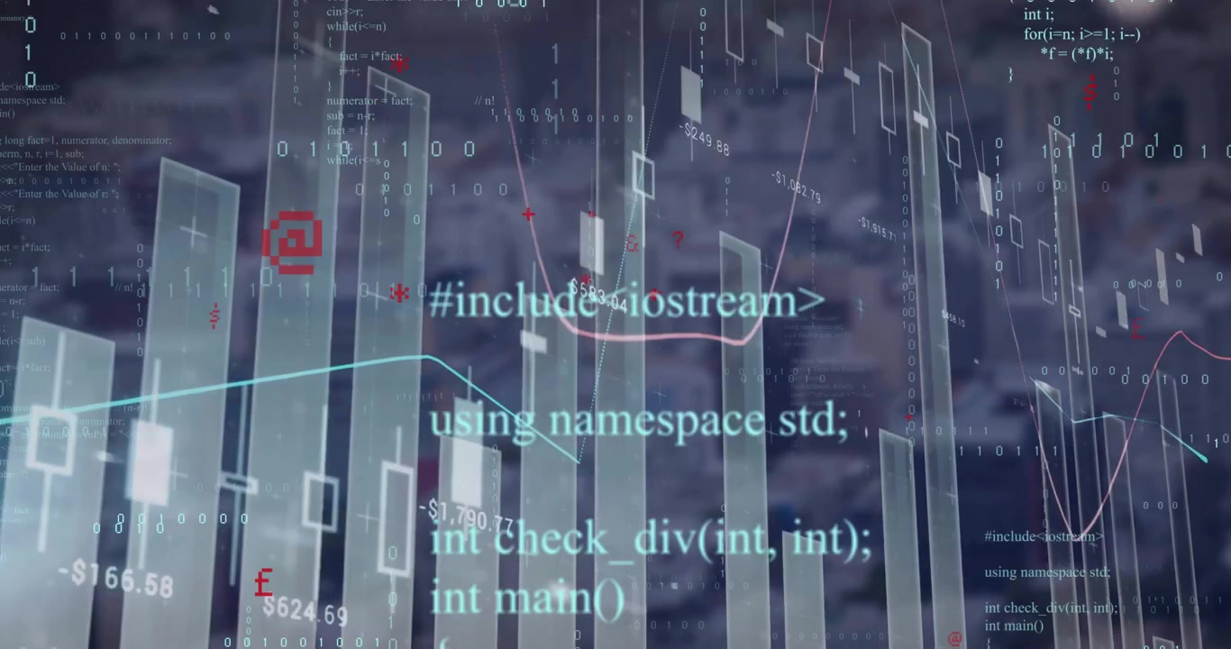 Animation of computer data processing over dark background