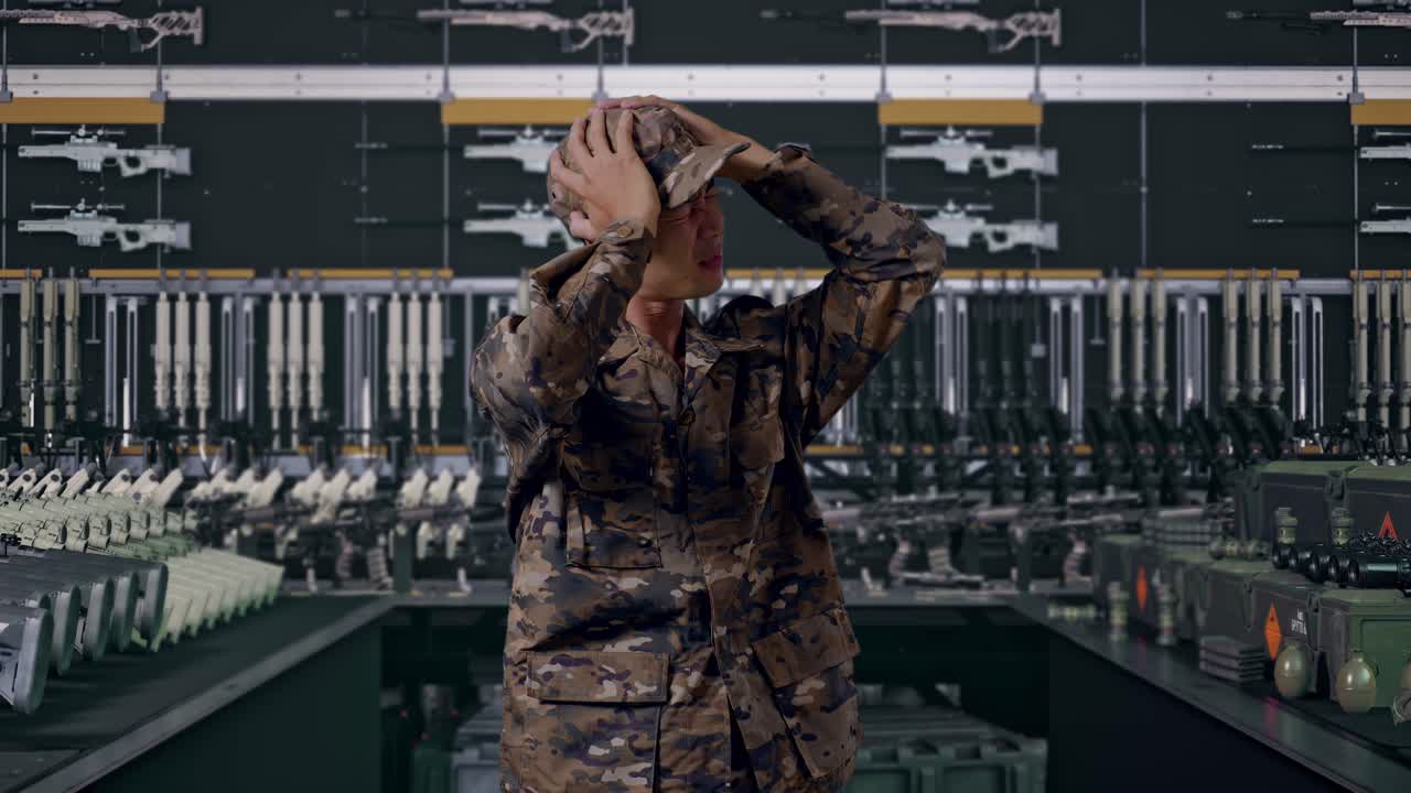 Soldato asiatico con mal di testa in un arsenale militare