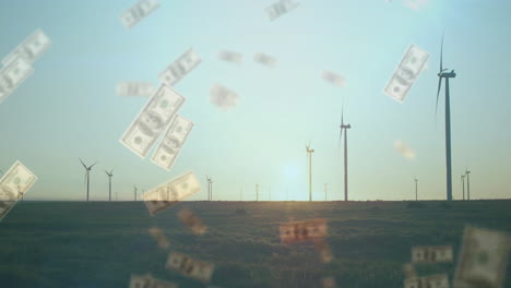 falling dollar bills animation over wind turbines in field