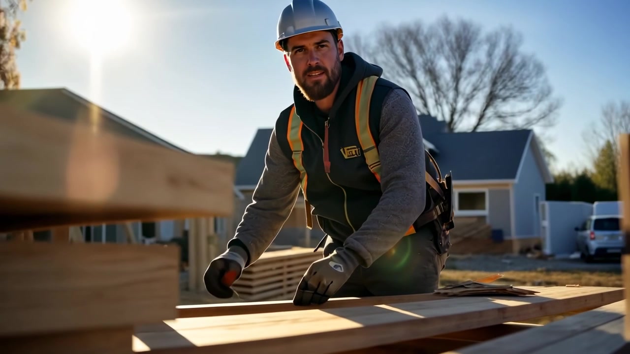 Construction Worker Measuring Wooden Planks at Residential Building Site