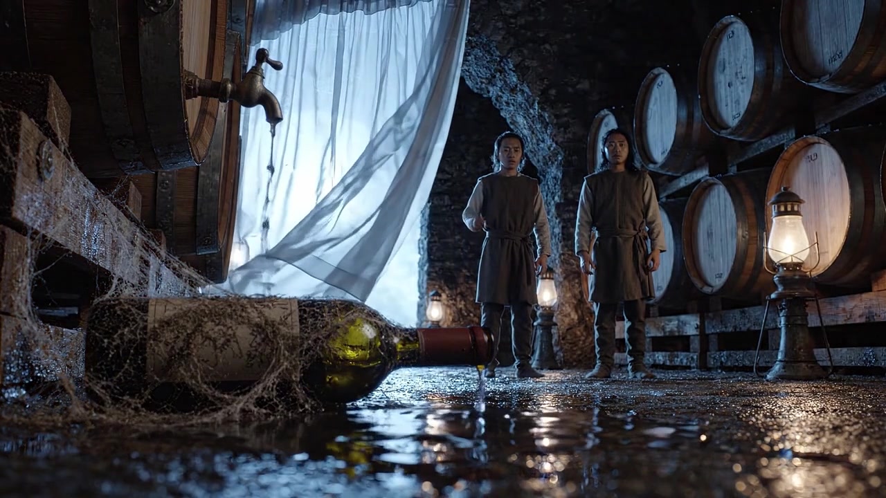 En mystisk underjordisk vinkælder-scene med figurer, der står blandt tønder og spildt vin, kaster skygger på det våde gulv og fremkalder intriger og eventyr.