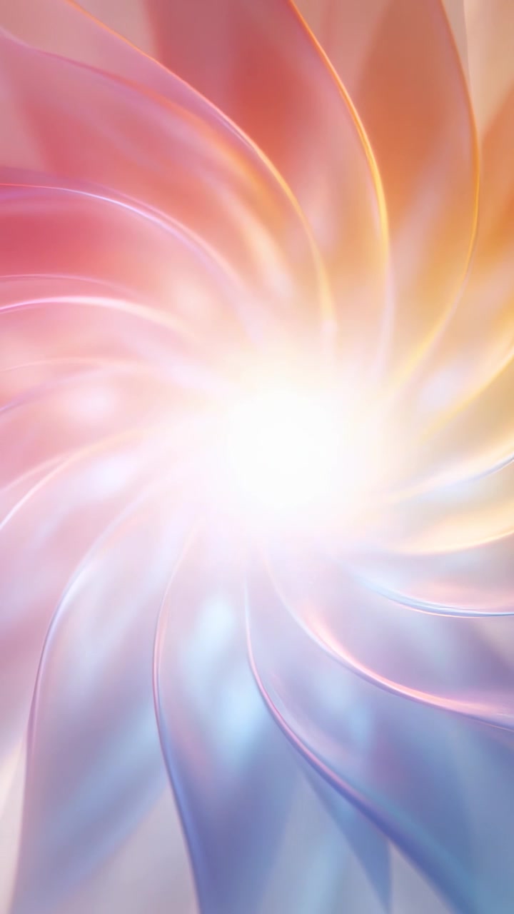 Video verticale: Spirale di petali che ruota con un nucleo pulsante, espandendosi con fotogrammi che scorrono per un flusso pastello.