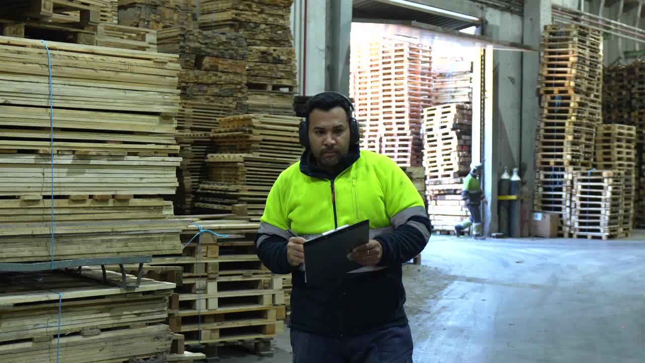 Warehouse worker inspecting pallets