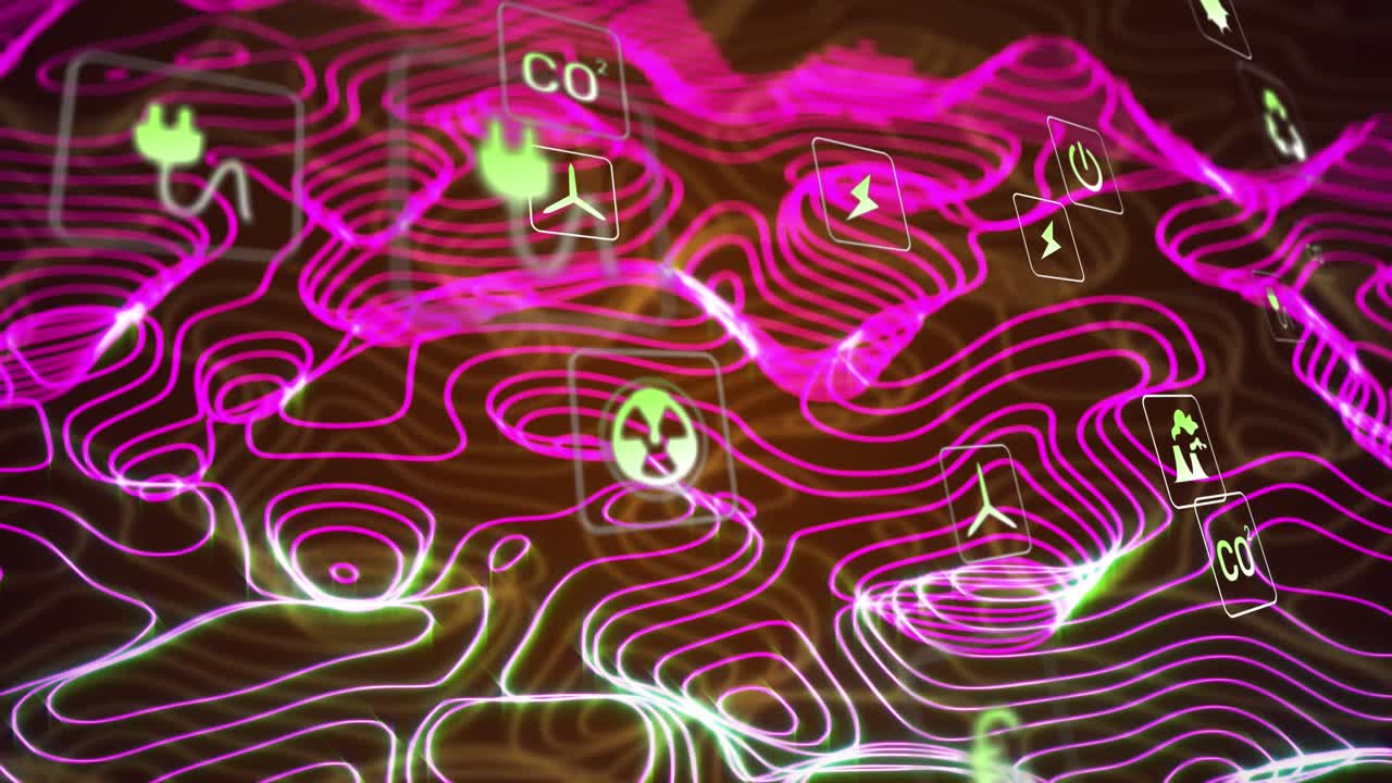 animación de iconos ecológicos y procesamiento de datos y red de conexiones